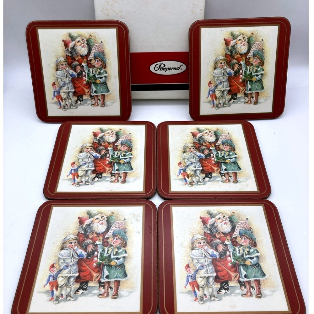 Vintage Set of 6 Pimpernel Father Christmas Coasters Cork Back Made England 4x4